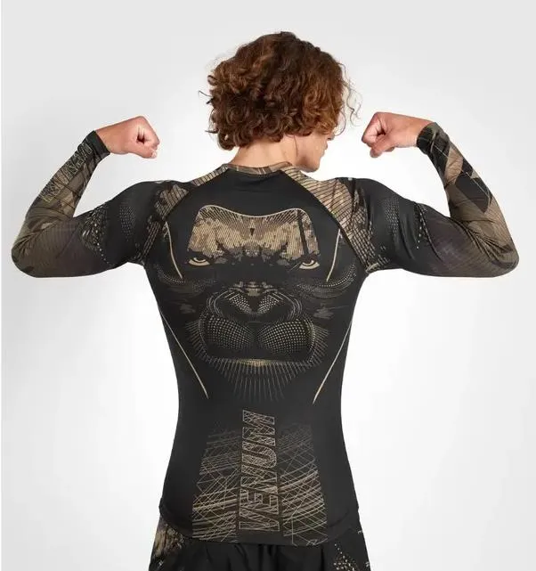 VENUM-05078-228 Gorilla Jungle MMA Muay Thai Boxing Rashguard Compression Long Sleeves T-shirt Size M-XL Black Sand