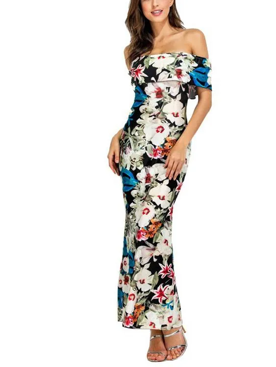 Wholesale Off The Shoulder Sleeveless Tiered Backless Maxi Dress