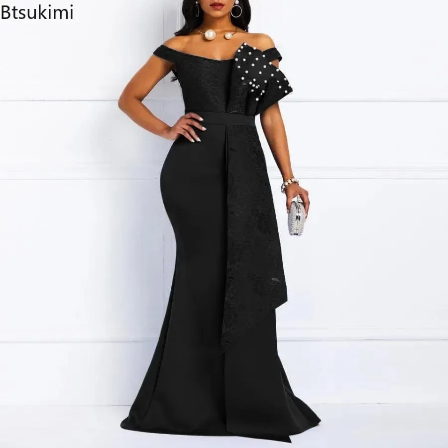 Women Designers Beaded Off Shoulder Mermaid Skinny  Floor Length Evening  Maxi Dress