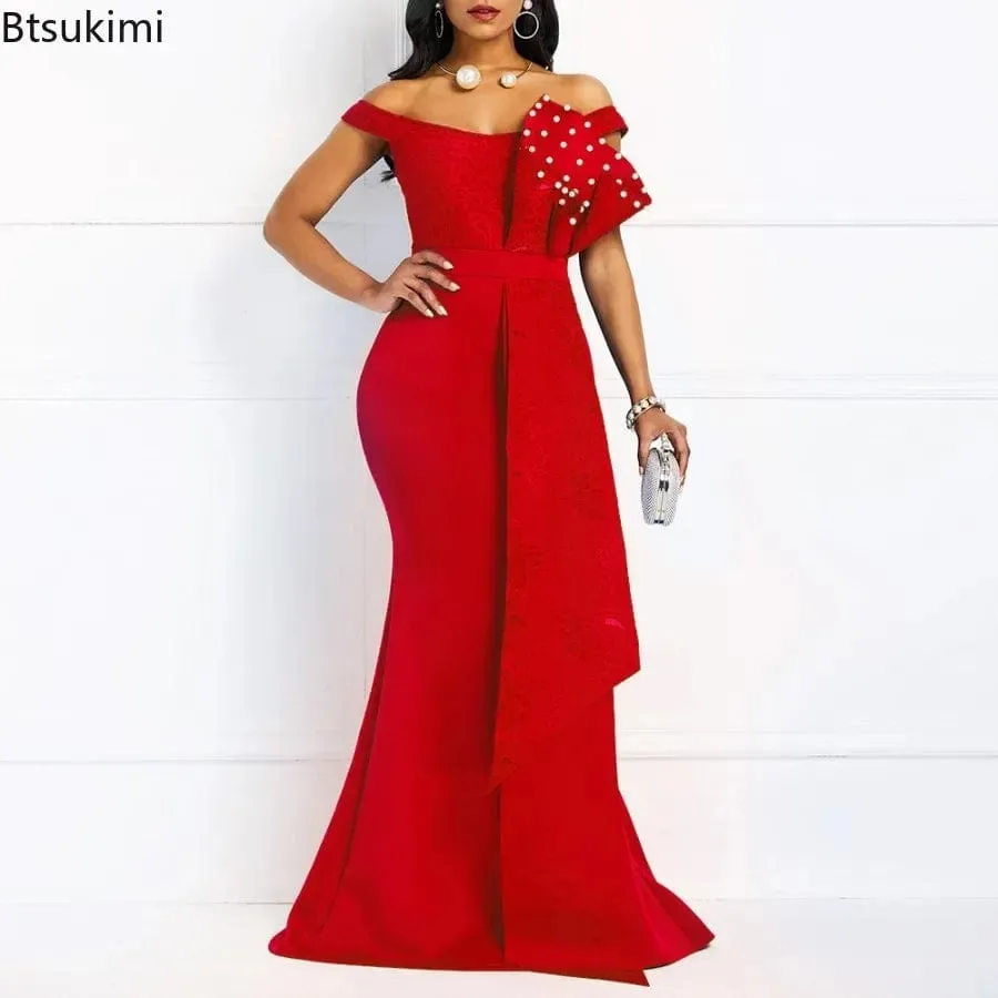 Women Designers Beaded Off Shoulder Mermaid Skinny  Floor Length Evening  Maxi Dress