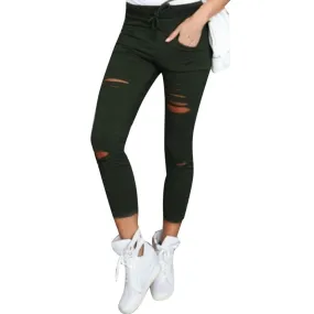 Women Skinny Ripped Pants High Waist Stretch Slim Pencil Trousers